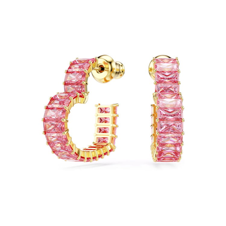 Swarovski Matrix Hoop Earrings Baguette cut Heart Small Pink Gold